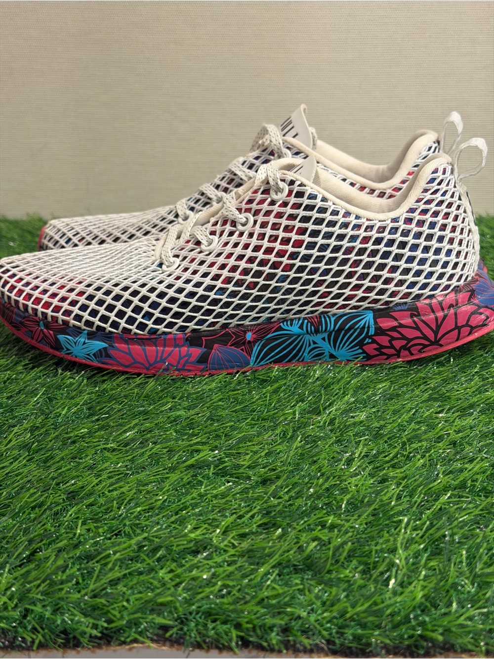 NOBULL Women's White Mesh Sneakers with Pink and Blue Floral Midsole